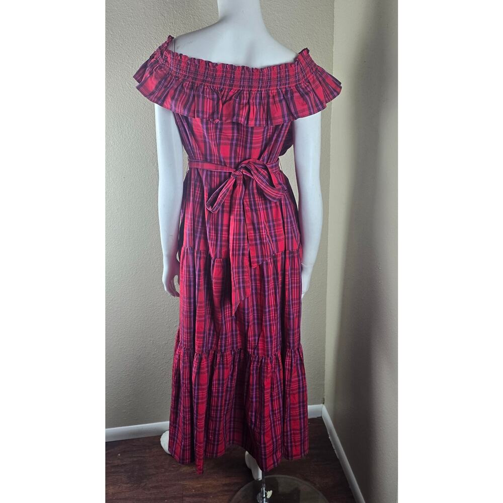 Draper James Kimberly Off-Shoulder Tie-Waist Smocked Neck Dress in Angie Plaid - Picture 3 of 9